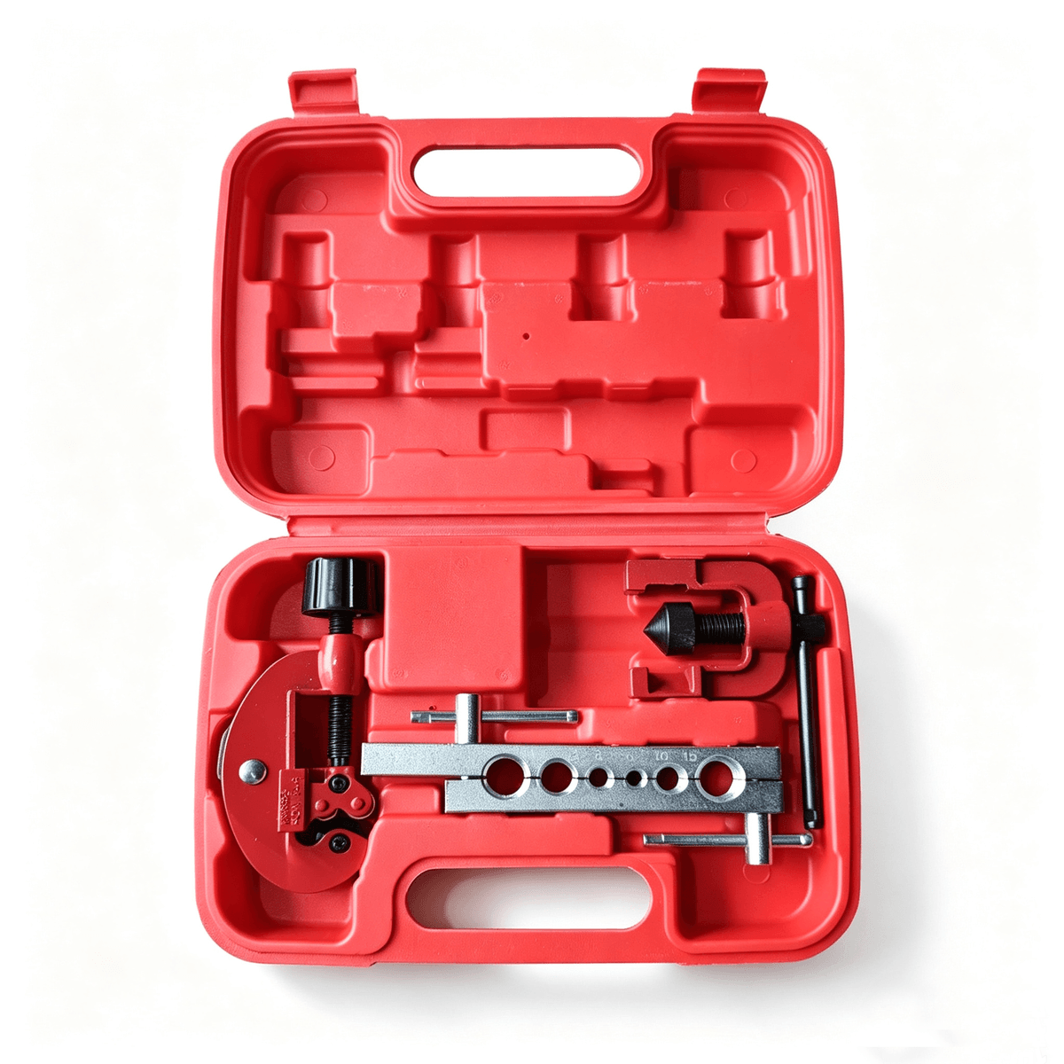 Tube cutting and flaring tool set Cutting and flaring tool set for 3/16 to 5/8 inch tubes with cutter, flaring bar, and yoke