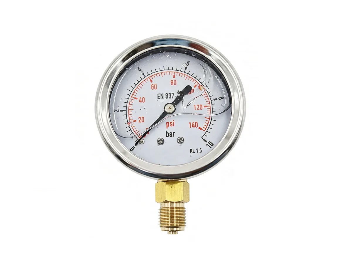 Glycerine filled pressure gauge with 0-10 bar scale and 63mm dial for marine use