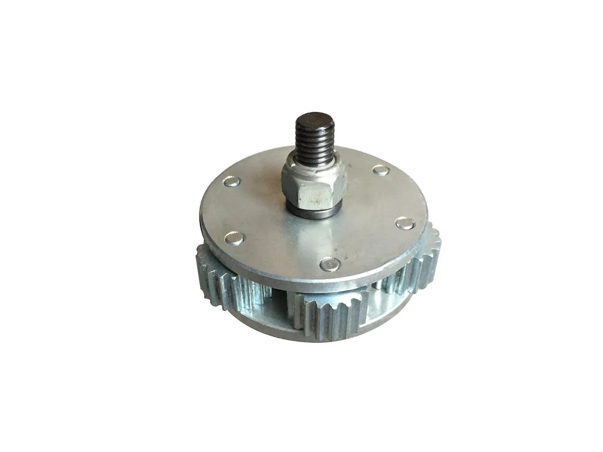 Six cutter scaling head assembly with side plates, center bolt, and cutter wheels for marine scaling machine